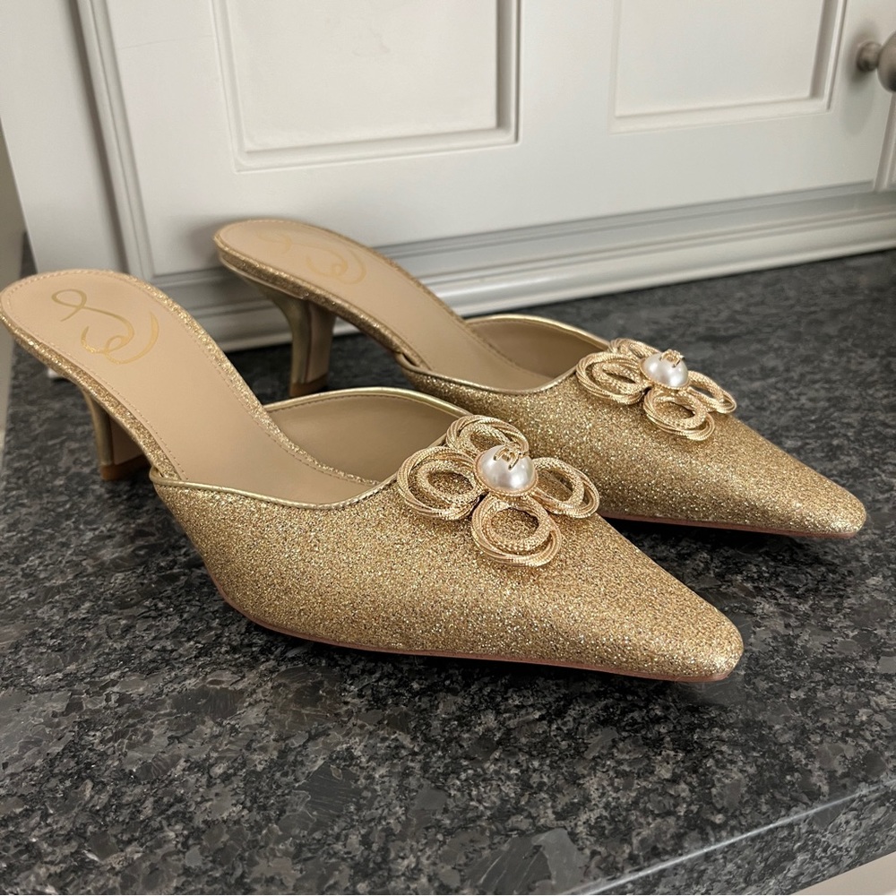 NWT Sam Edelman Brit Mule Heels in
Gold Glitter | Size 7